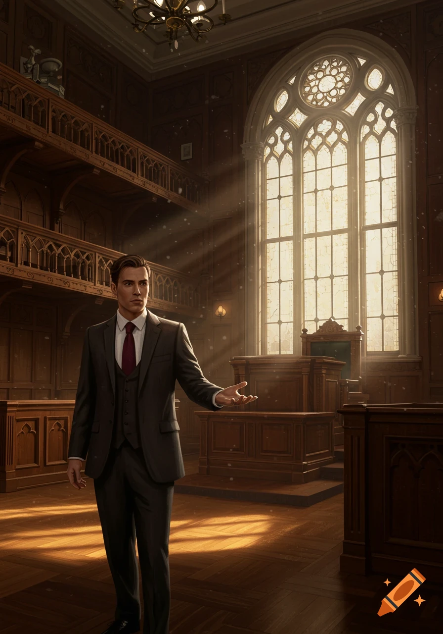 A lawyer in a dark suit and red tie stands in a grand, sunlit courtroom with large gothic windows and wooden paneling.