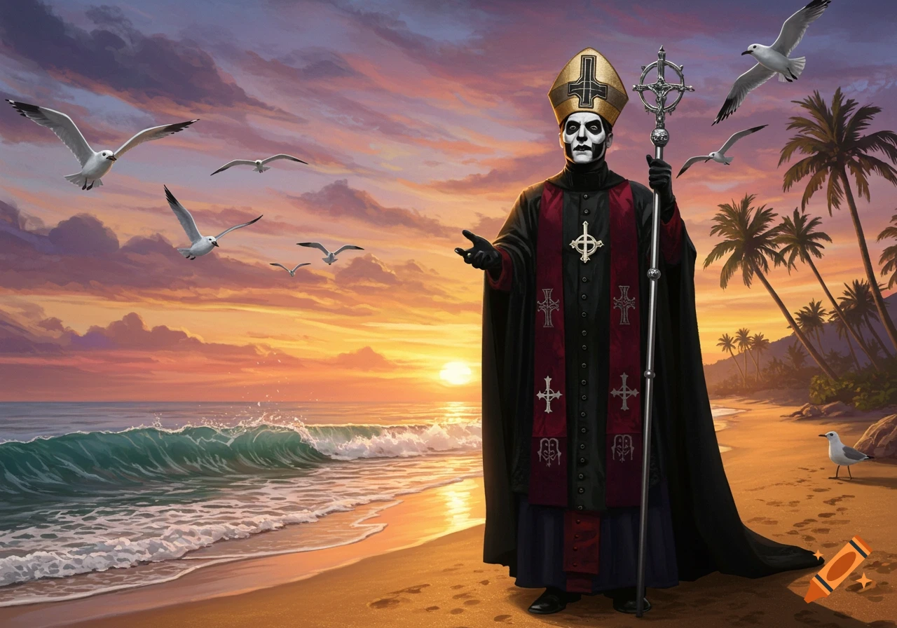 Papa Emeritus Terzo from Ghost in full vestments stands on a beach with seagulls at sunset.