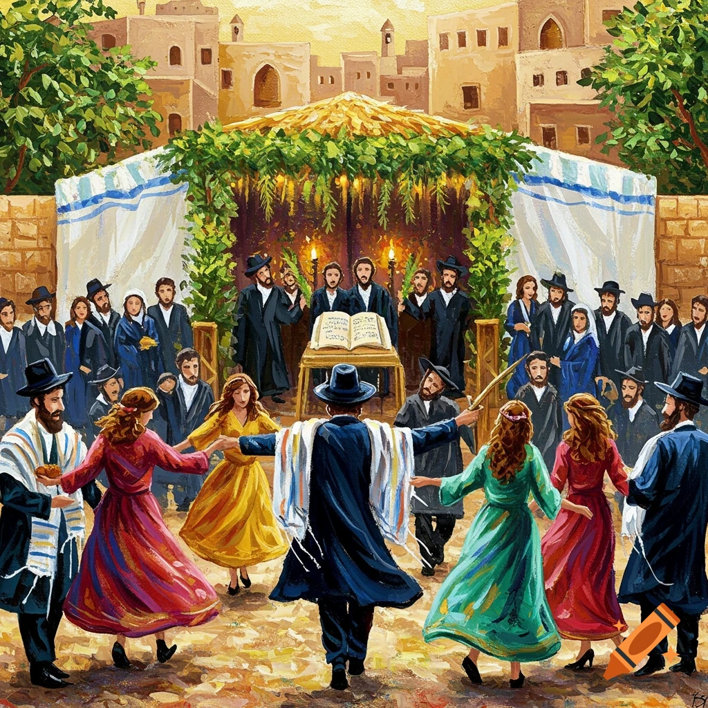 A vibrant watercolor painting shows Jewish people dancing in front of a Sukkah during Sukkot, with men and women in traditional attire.