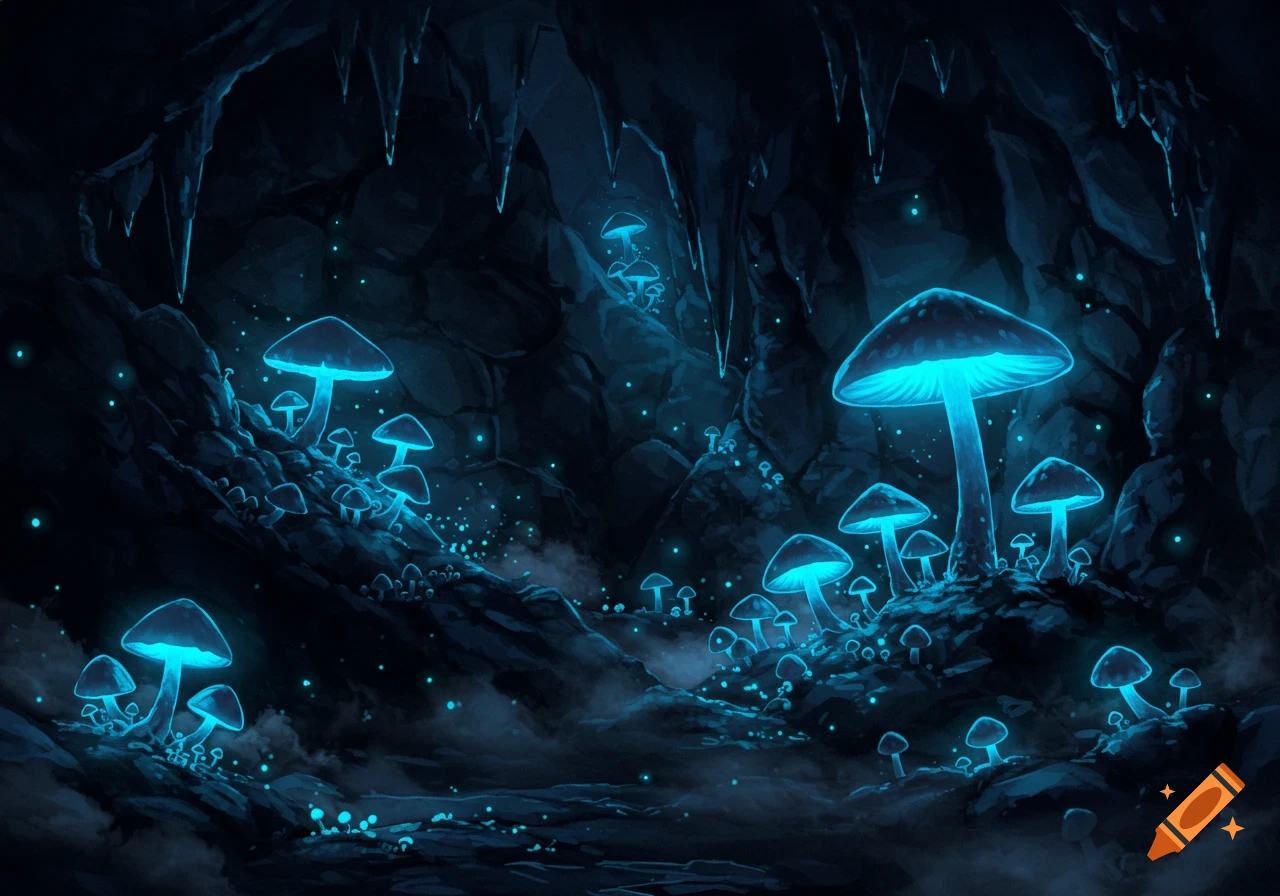 A dark cave filled with glowing blue mushrooms and faint light particles, creating a mystical atmosphere.