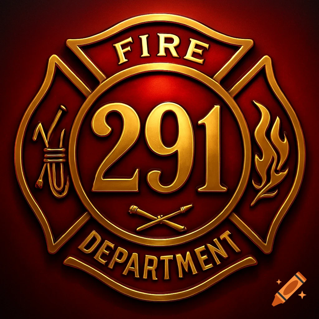 A metallic gold and red fire department logo featuring the number 291, 'FIRE', and 'DEPARTMENT' text.
