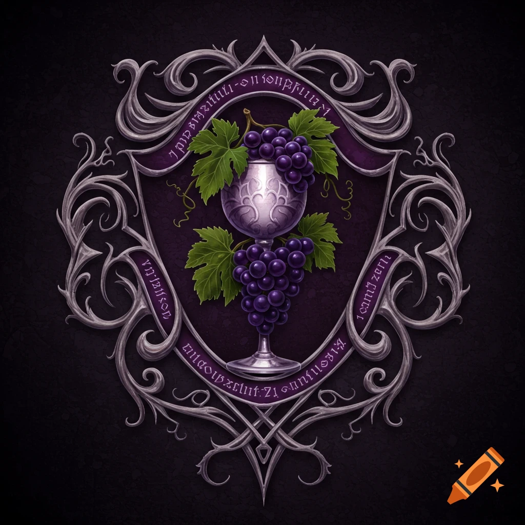 An ornate fantasy sigil with a silver chalice, purple grapes, and green leaves, framed by intricate silver scrollwork.