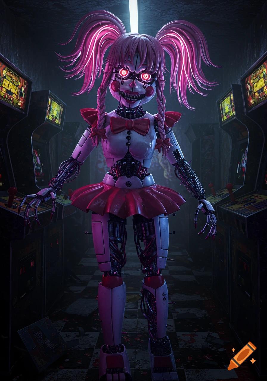 A menacing, pink-haired robot with glowing red eyes stands in a dark, grimy arcade, surrounded by arcade machines.