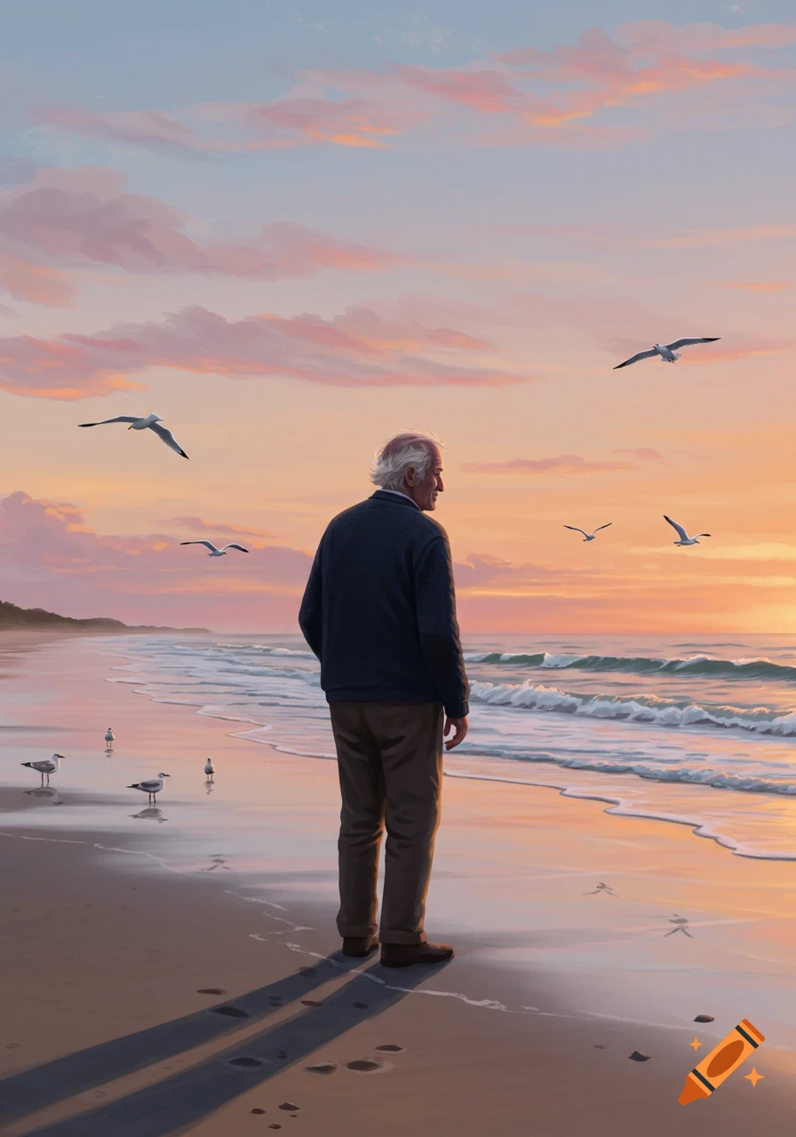 An old man stands on a beach looking out at the ocean with seagulls flying at a vibrant sunset. Digital painting.