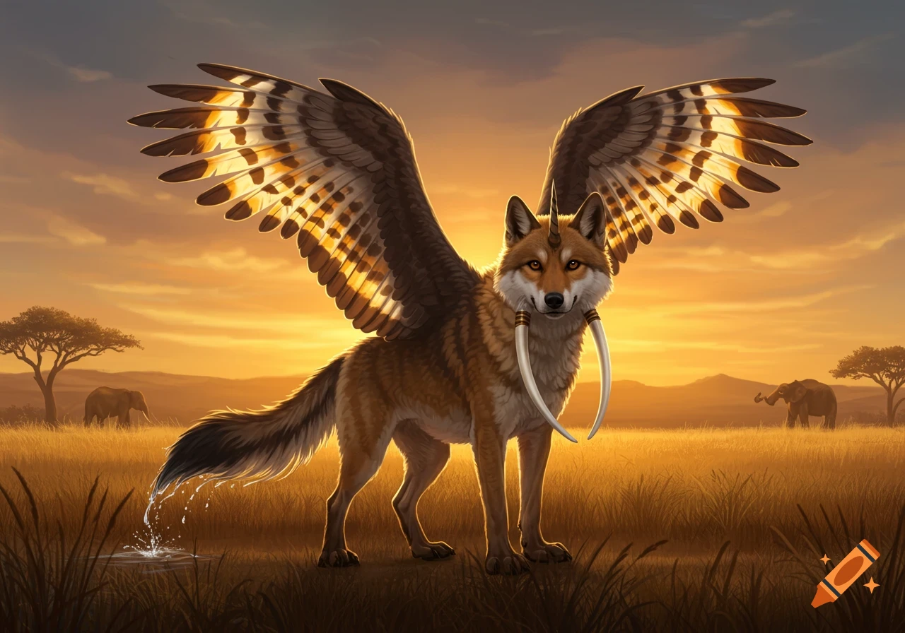 Fantasy art of a winged, horned, and tusked dog-like creature standing in a golden savanna at sunset.