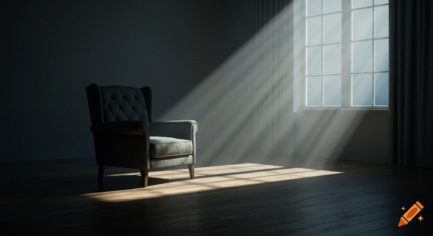 A moody interior of a dark room with a single tufted armchair by a sunlit window, light rays stream onto the wooden floor.