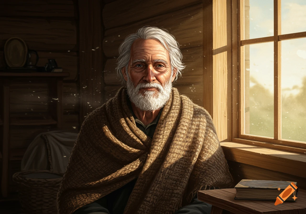 A photorealistic portrait of an old man with a white beard and hair, wrapped in a brown blanket, sitting by a sunlit window in a rustic room.
