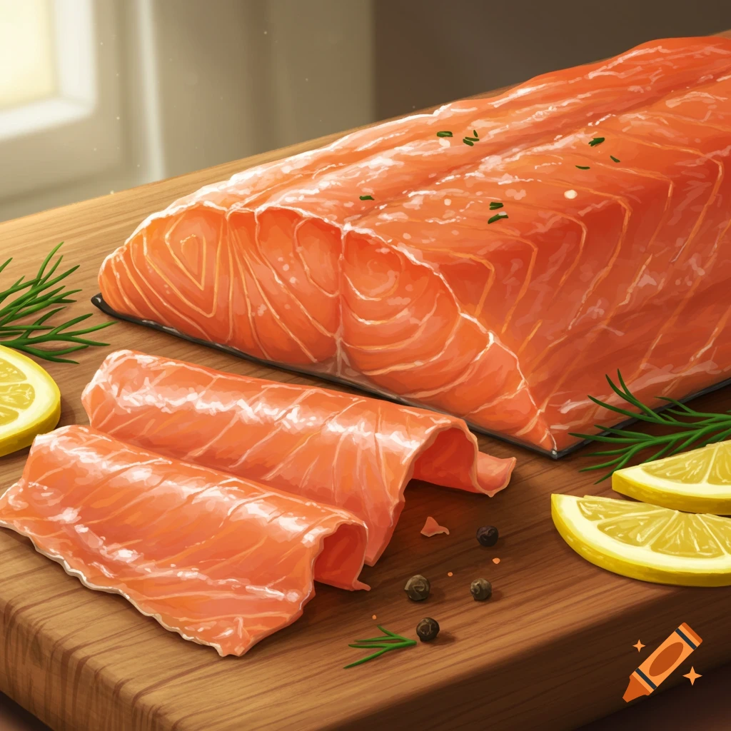 A large raw salmon fillet with smaller slices, lemon wedges, peppercorns, and herbs on a wooden cutting board.