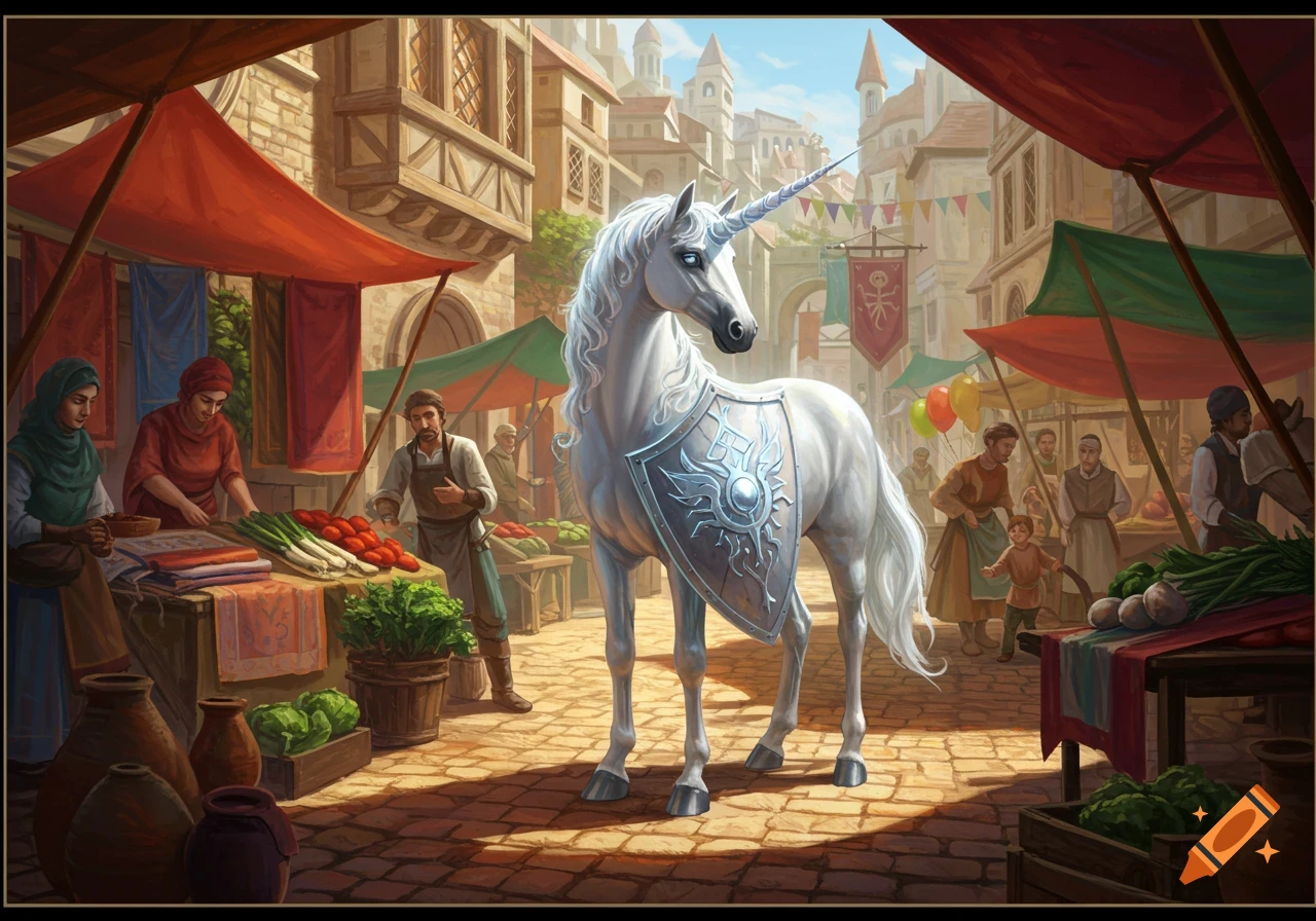 A majestic white unicorn with a silver and blue shield stands in the center of a bustling medieval market with vendors and shoppers.