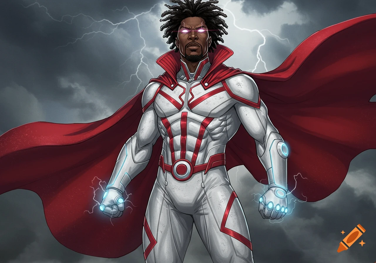 A powerful Black male superhero with dreadlocks and glowing red eyes stands in a white and red suit with a flowing red cape, amidst a stormy, lightning-filled sky.