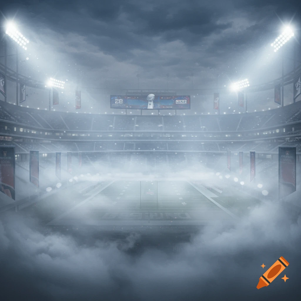 A football stadium, reminiscent of the Super Bowl, covered in thick fog under a cloudy sky with bright floodlights.