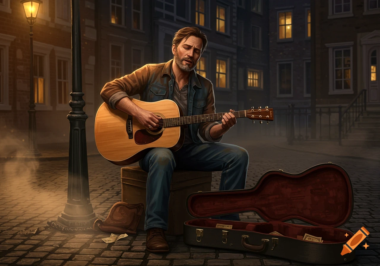 A man sits on a box, playing an acoustic guitar on a cobblestone street at night, illuminated by a streetlamp.