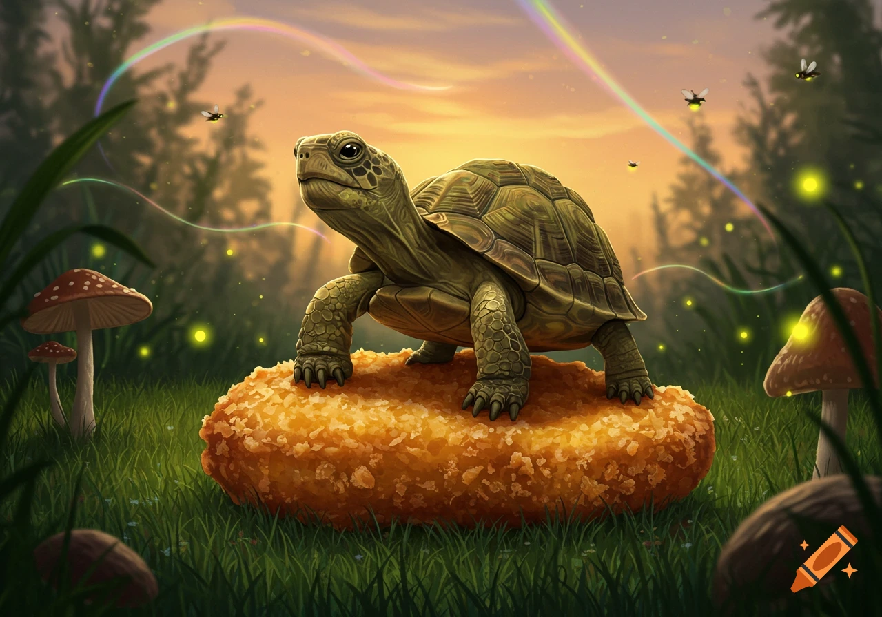 A fantastical illustration shows a turtle standing on a large chicken nugget in a glowing forest with fireflies, mushrooms, and a rainbow.