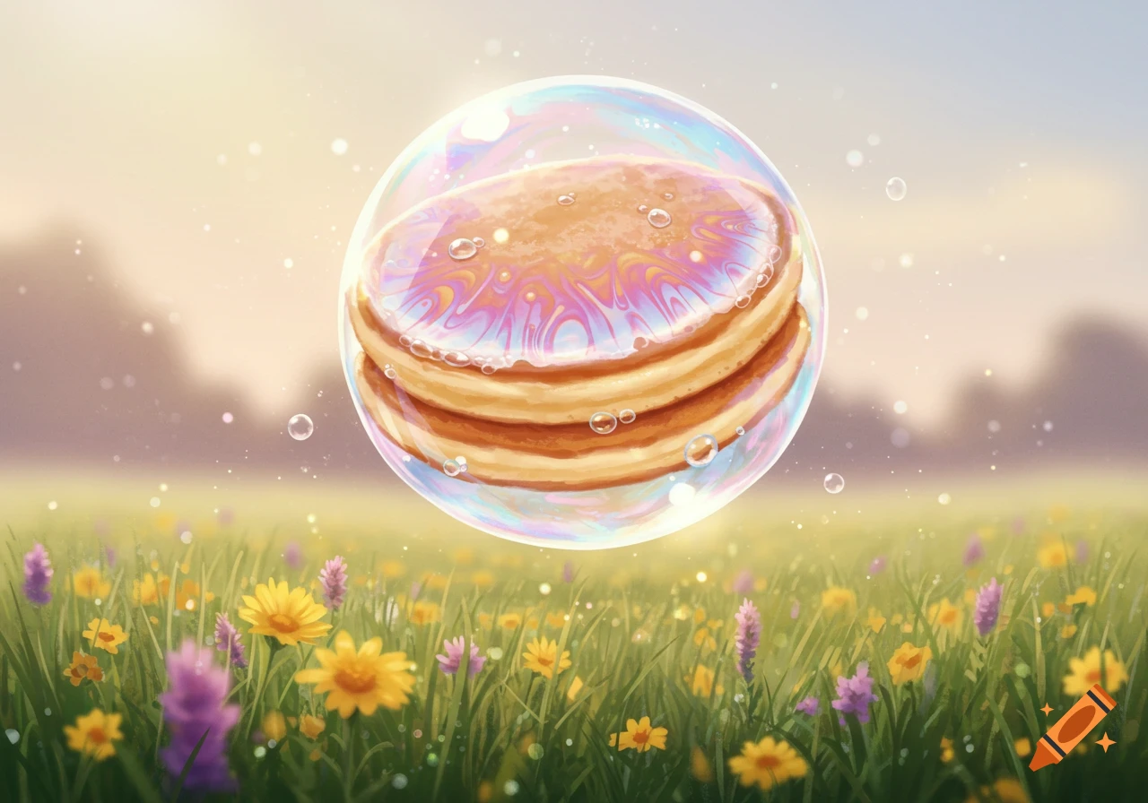 A stack of pancakes in an iridescent soap bubble floats above a sunny field of green grass and colorful wildflowers.