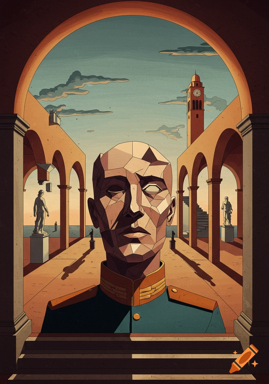 Cubist portrait of a man in a military uniform, framed by arches leading to a surreal plaza with statues and a clock tower.