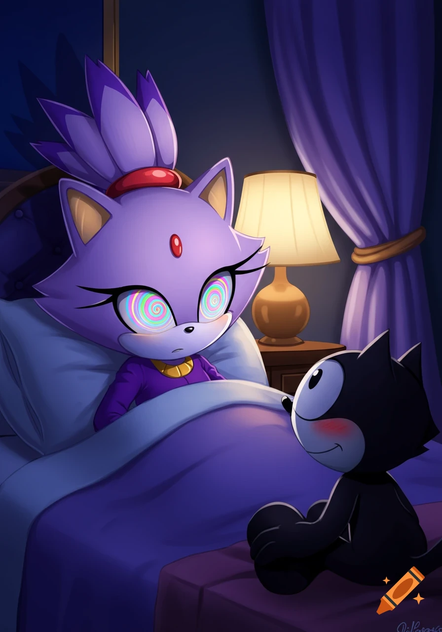 Blaze the Cat with spiral eyes, hypnotized in bed, while Felix the Cat sits beside her, blushing in a dimly lit bedroom.