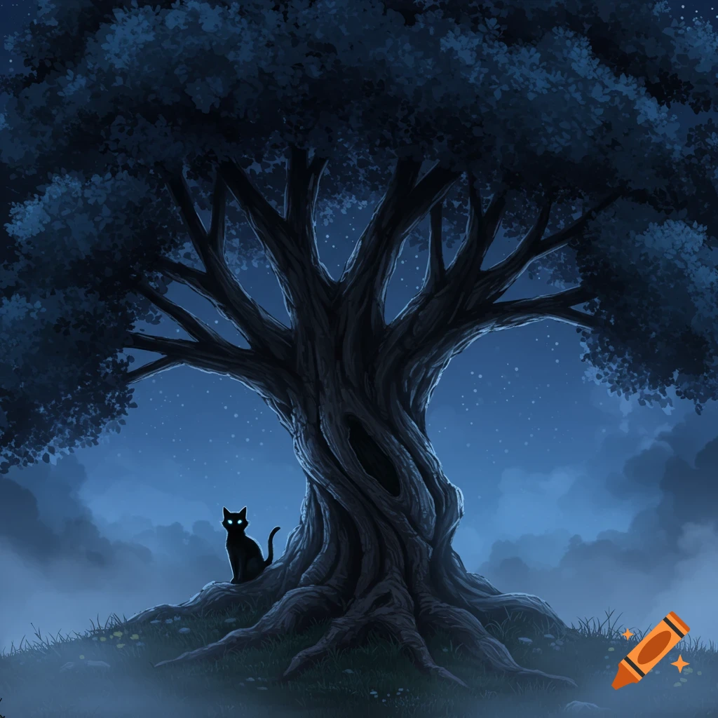 A black cat with glowing eyes sits at the base of a large, gnarled tree under a starry night sky with misty ground.
