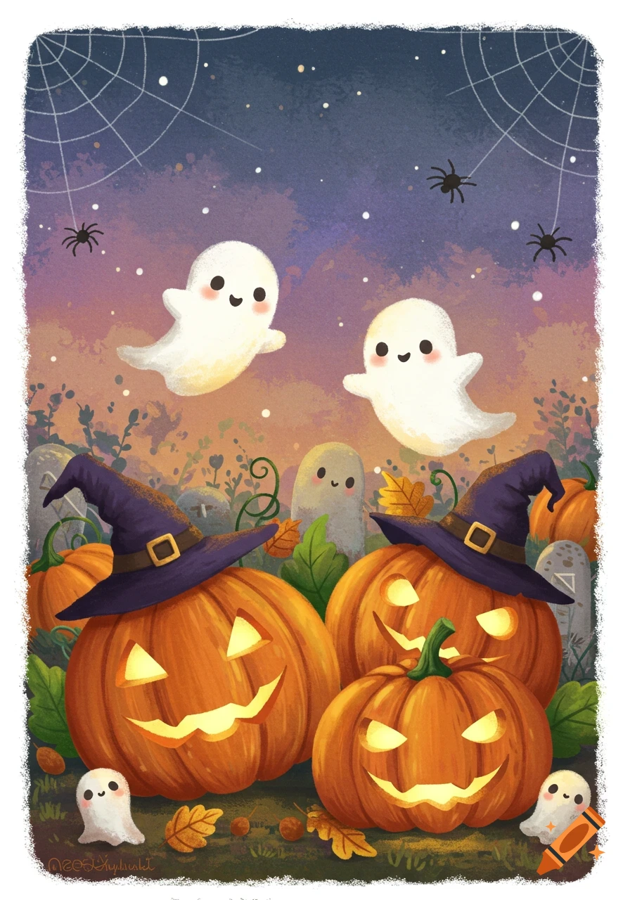 Cute Halloween illustration with carved pumpkins in witch hats, floating ghosts, spiders, and webs under a twilight sky.