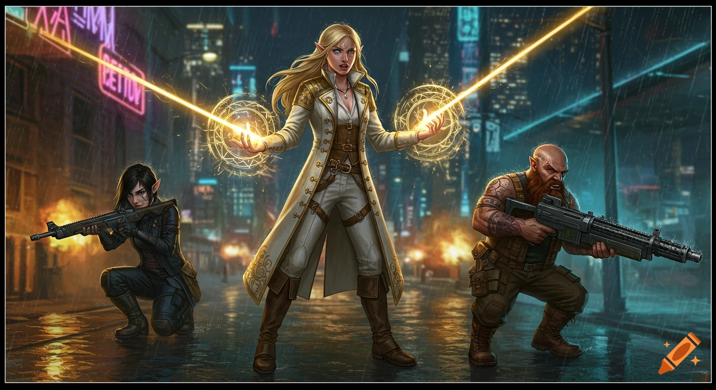 An elf sorceress, an elf sniper, and a dwarf with a gatling gun in a rainy, neon-lit cyberpunk city at night.