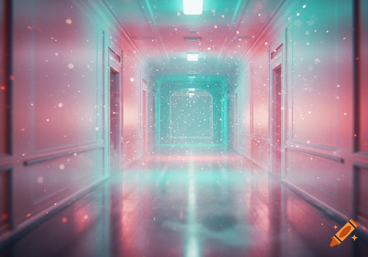 A long, symmetrical hallway glows with red and turquoise light, filled with floating particles, creating an ethereal liminal space.