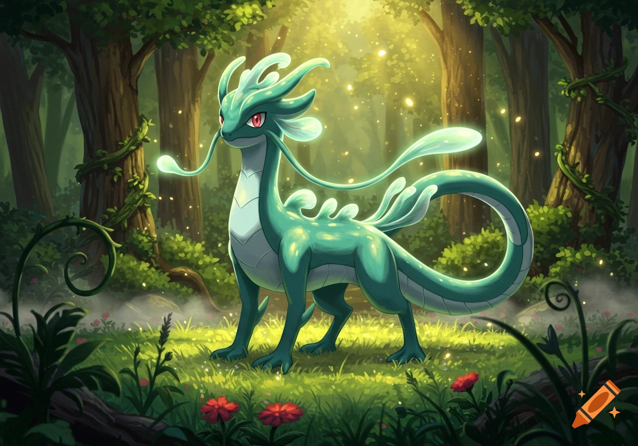 A teal, dragon-like fantasy creature with glowing tendrils and red eyes stands in a magical forest with sun rays.