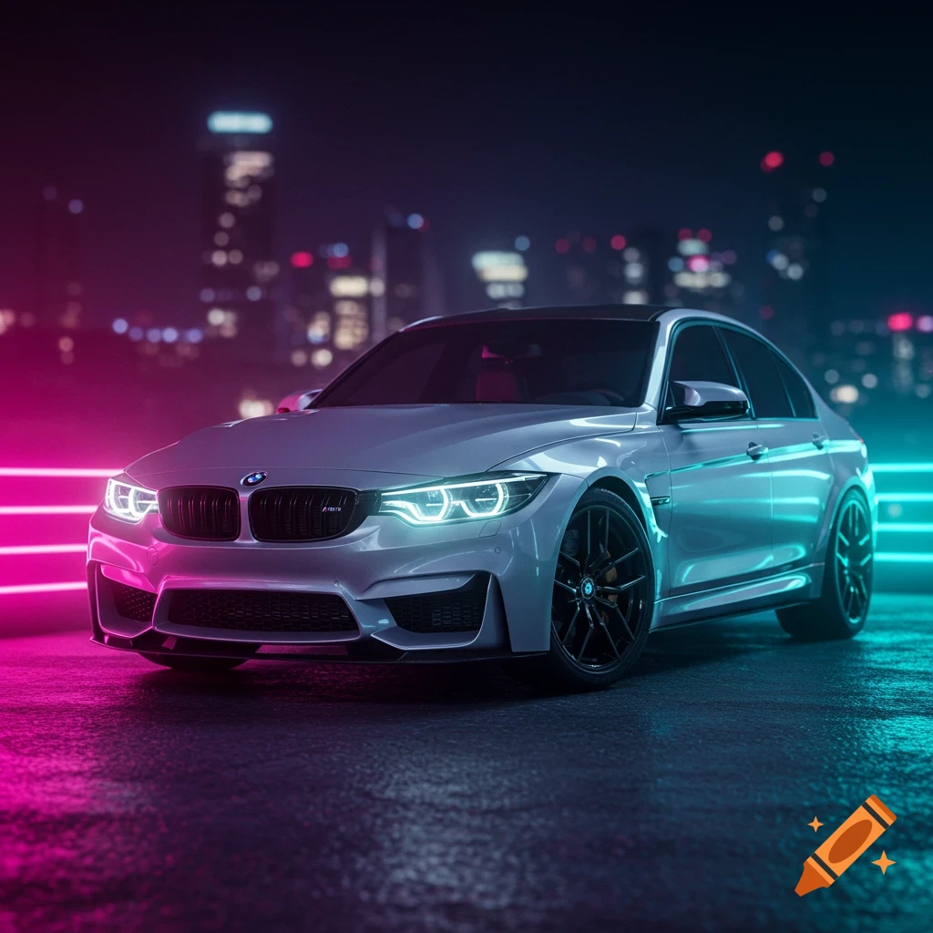 A silver BMW M3 sedan parked on a wet street at night, bathed in vibrant pink and blue neon lights with a blurred city background.