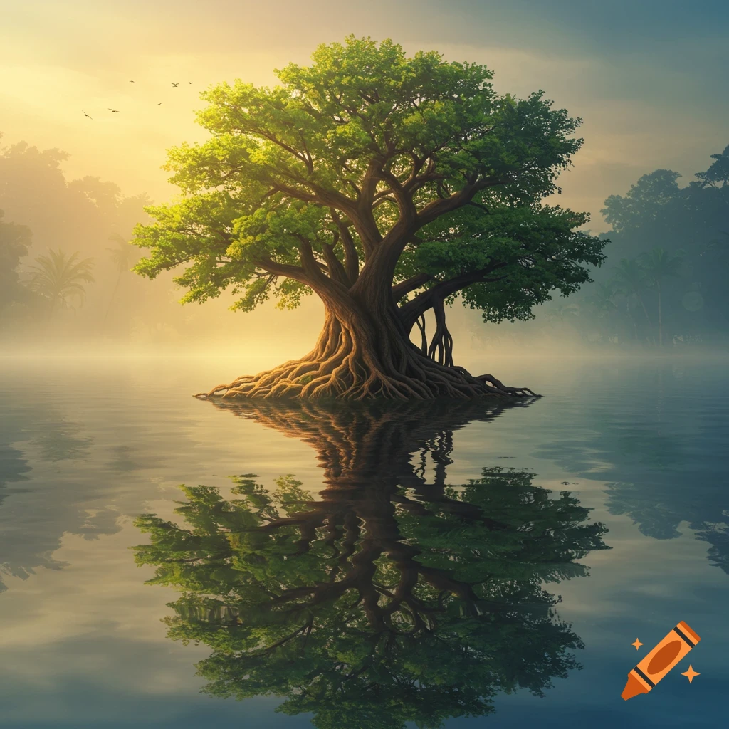 A large tree with visible roots stands in calm, misty water, reflecting its image under a golden sky.
