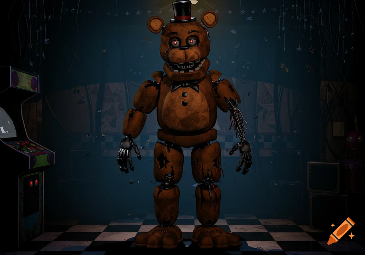 A brown, damaged animatronic bear, Withered Freddy, wearing a top hat and bowtie, stands in a dark, abandoned arcade room.