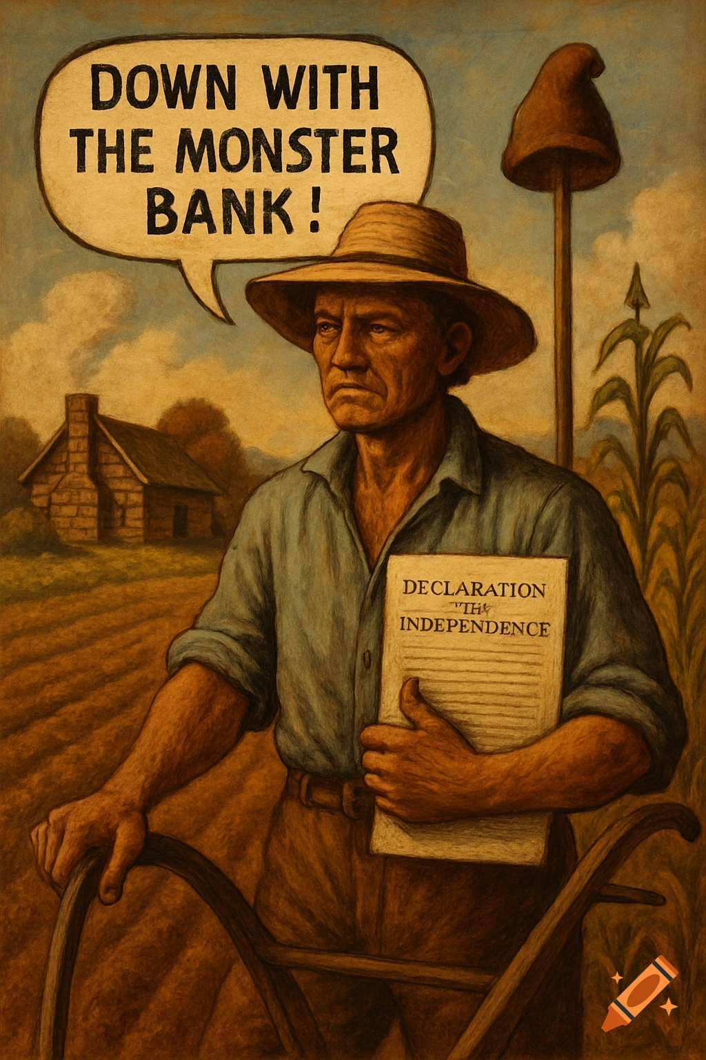 Vintage illustration of a farmer holding a plow and a document, with a speech bubble that reads "Down with the Monster Bank!"