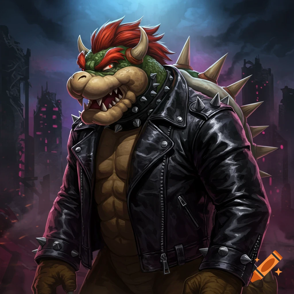 A detailed illustration of Bowser wearing a black leather jacket, standing against an ominous city background.