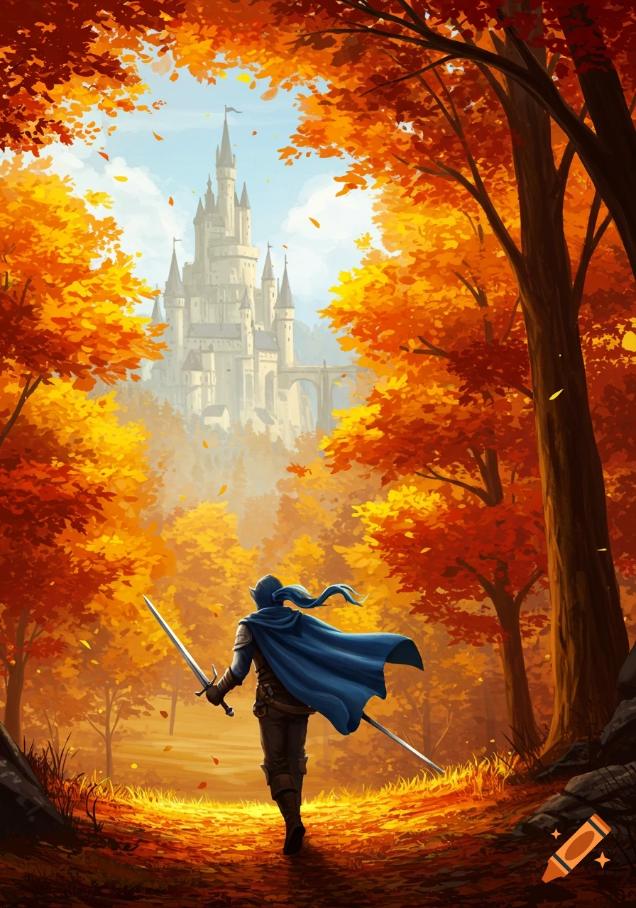 A lone knight in blue cape and armor with two swords walks through a vibrant autumn forest towards a distant, towering castle.