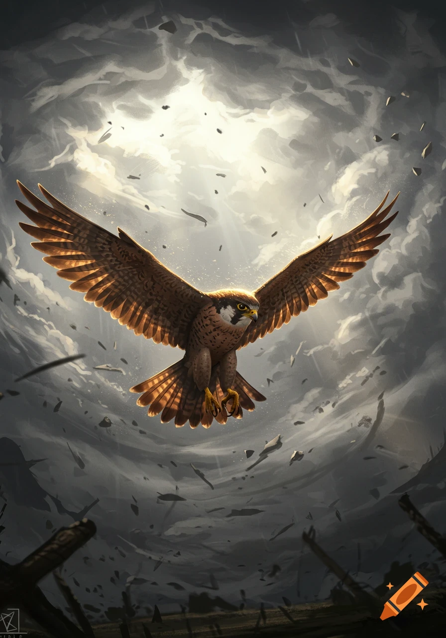 A powerful falcon with outstretched wings soars through a swirling, debris-filled storm with bright light breaking through clouds.