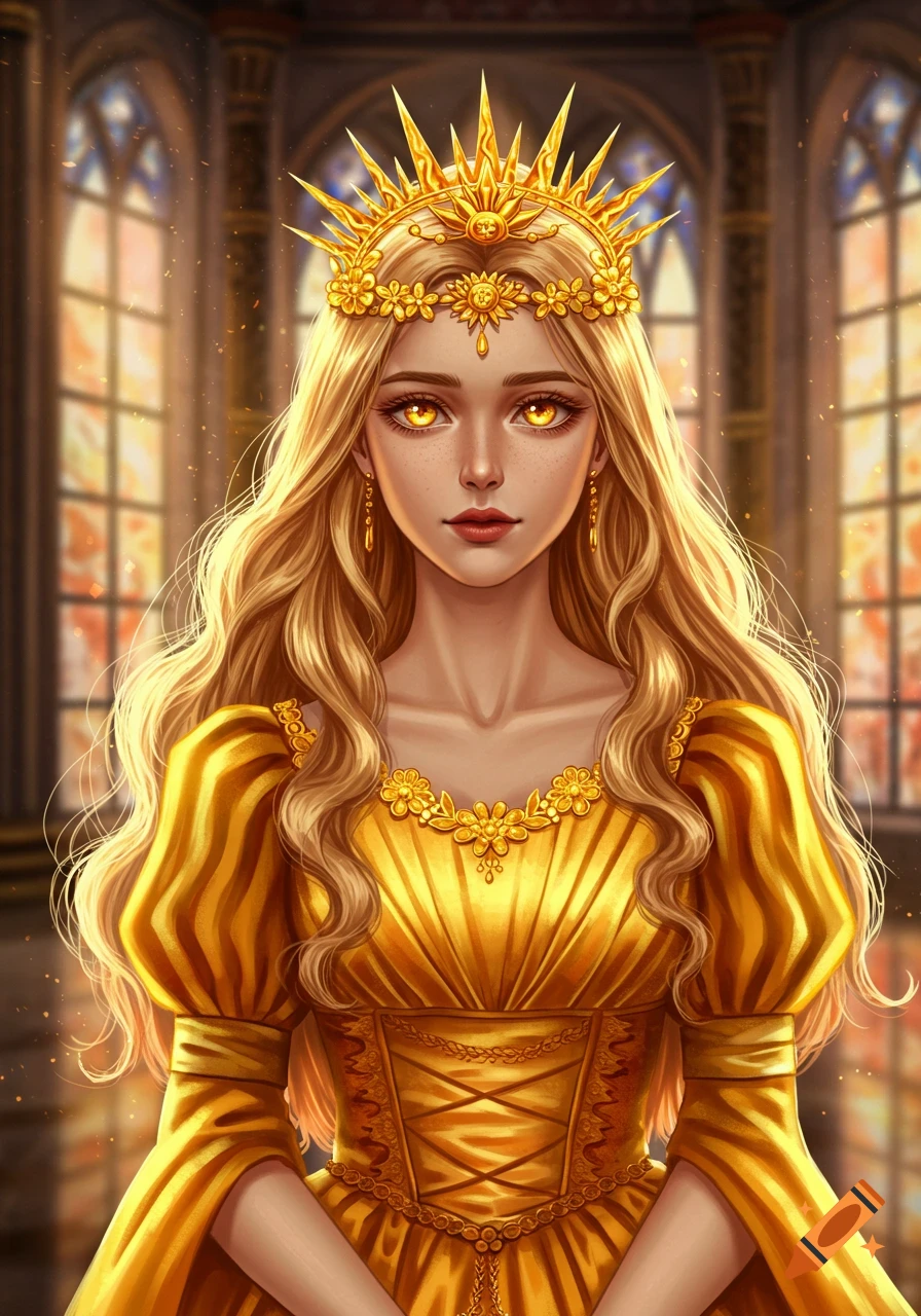 A golden-haired princess with glowing golden eyes wears a sun-inspired crown and an ornate gold gown in a grand hall.