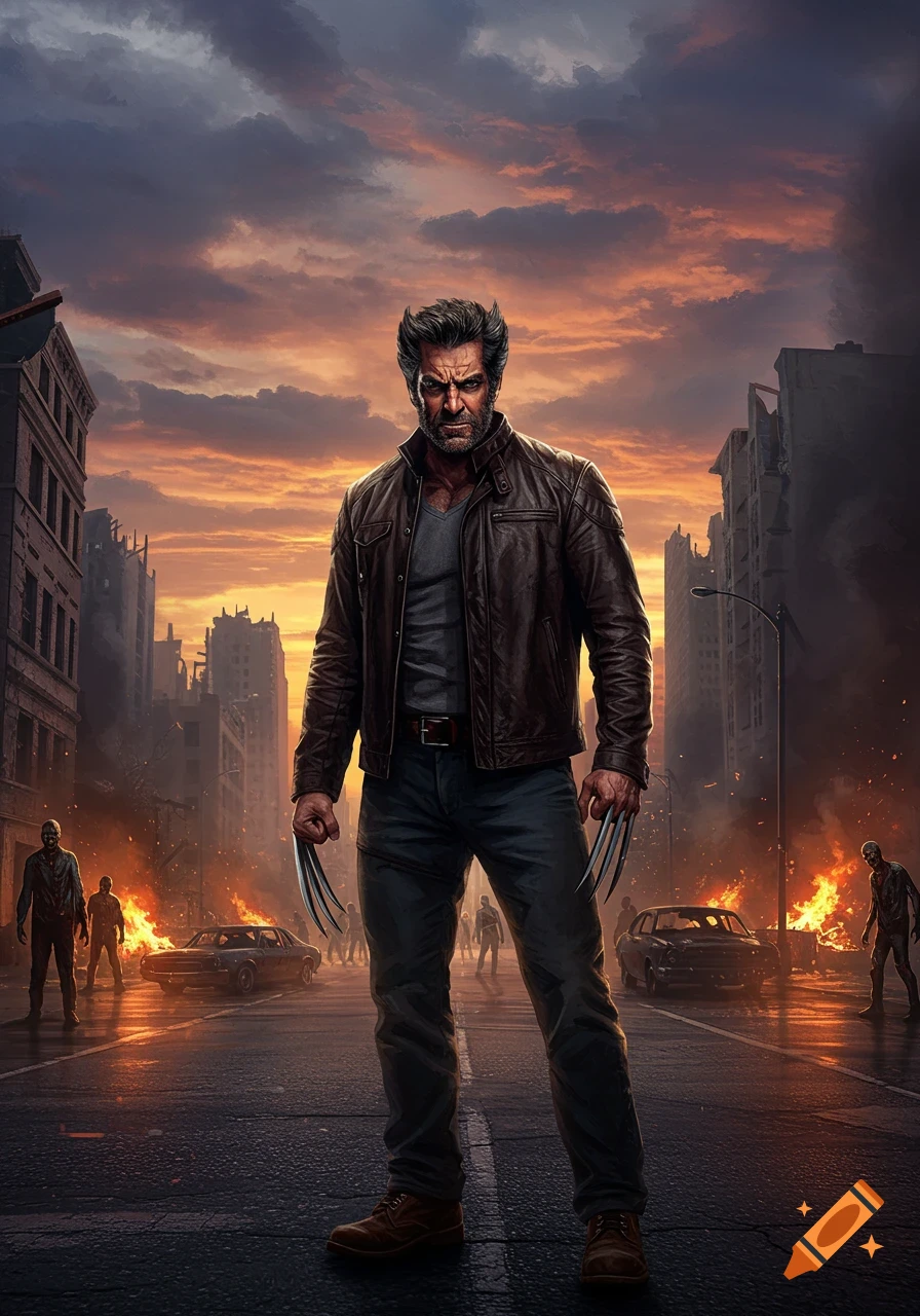Wolverine stands in a destroyed city street at sunset, claws extended, with zombies and fires burning in the background.