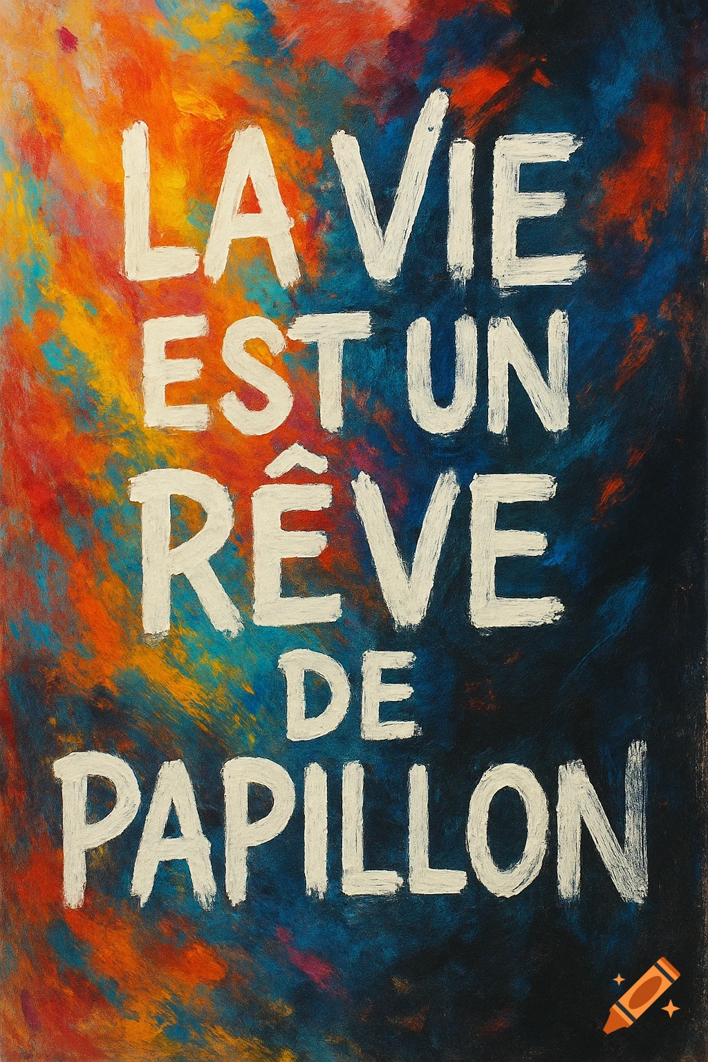 Abstract painting with white text 'LA VIE EST UN RÊVE DE PAPILLON' on a background of swirling orange, red, and blue paint.
