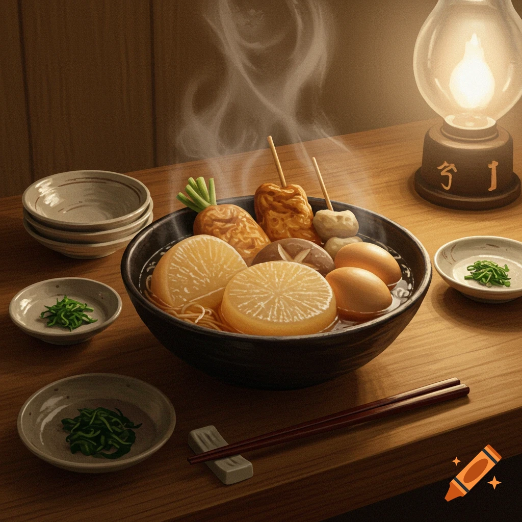 Steaming Oden stew in a dark bowl on a wooden table, with side dishes, chopsticks, and a glowing lantern, in an illustrative style.
