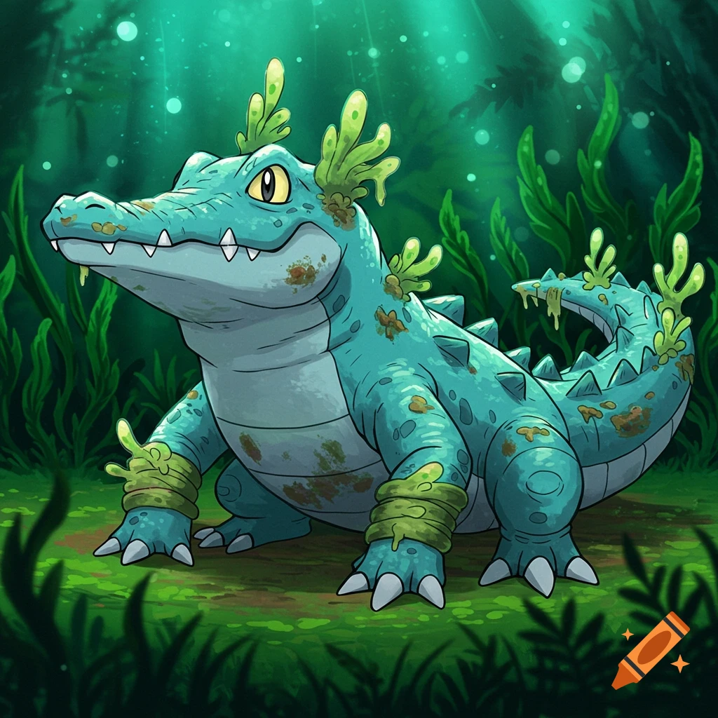 A cartoon teal-green crocodile with dirt spots and algae bandages on its legs, standing in a lush green swamp with glowing water effects, in a Pokémon style.