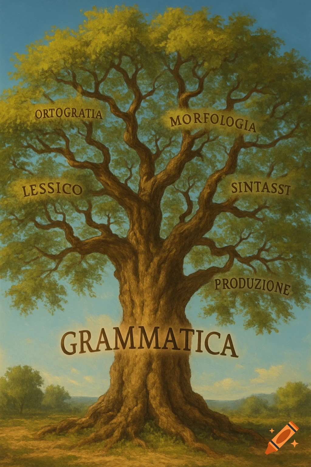 A large, leafy tree with "GRAMMATICA" written on its trunk. Branches are labeled with words like "MORFOLOGIA," "LESSICO," and "PRODUZIONE" in a painterly style.
