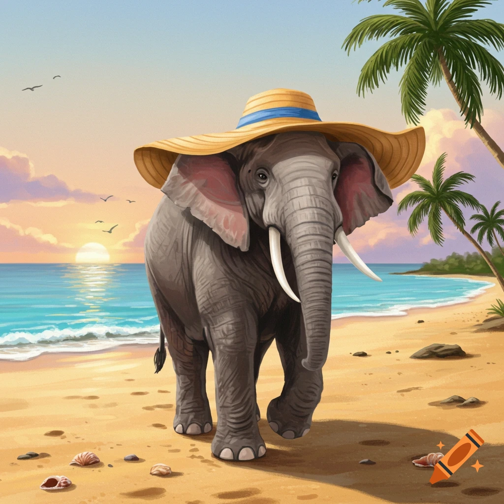 An elephant in a straw hat walks on a sandy beach with palm trees and a sunset over the ocean. Illustration.