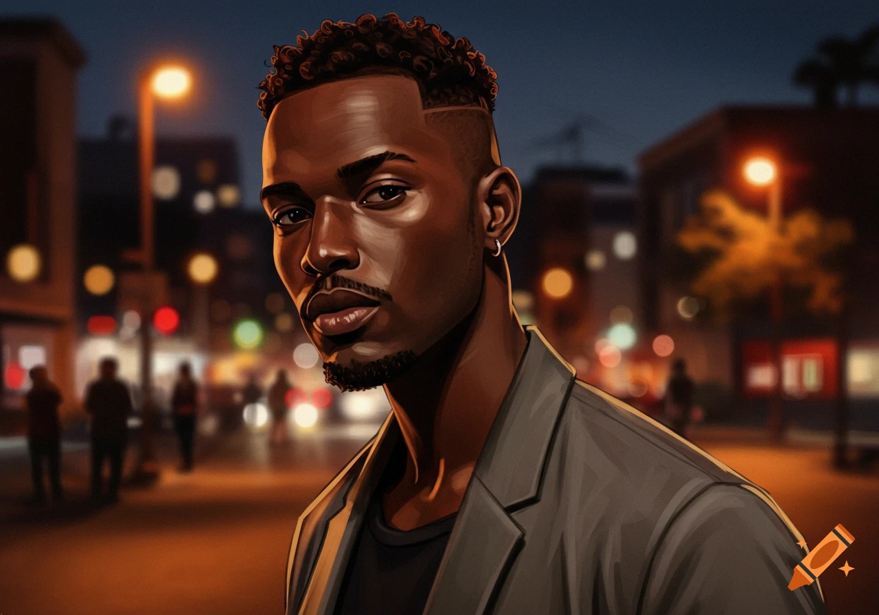 Stylized illustration of a dark-skinned man with curly hair and a fade haircut, looking forward in a blurry city street at night.