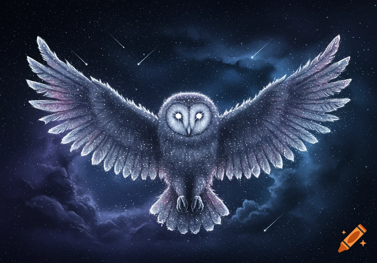 A cosmic owl with outstretched wings, covered in bright stars and sparkling dust, flies through a dark night sky filled with nebulae and shooting stars.