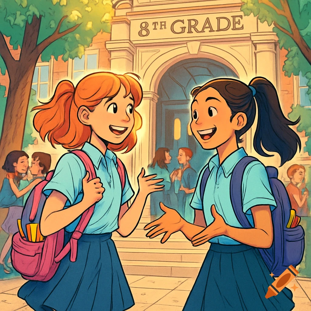 Two smiling cartoon girls with backpacks talk in front of a school building marked '8TH GRADE'.