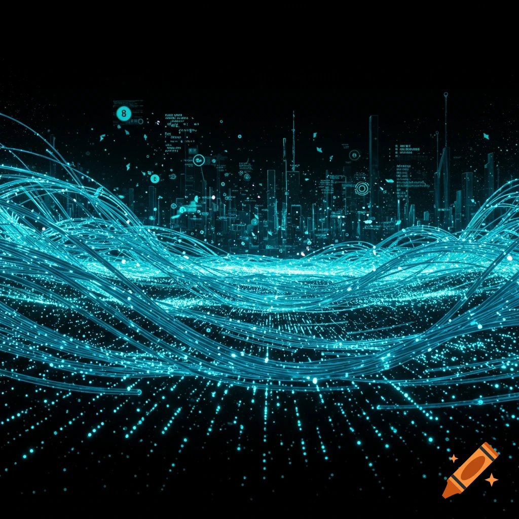 A vibrant, futuristic digital cityscape at night with glowing blue data streams flowing towards the viewer, against a black background.