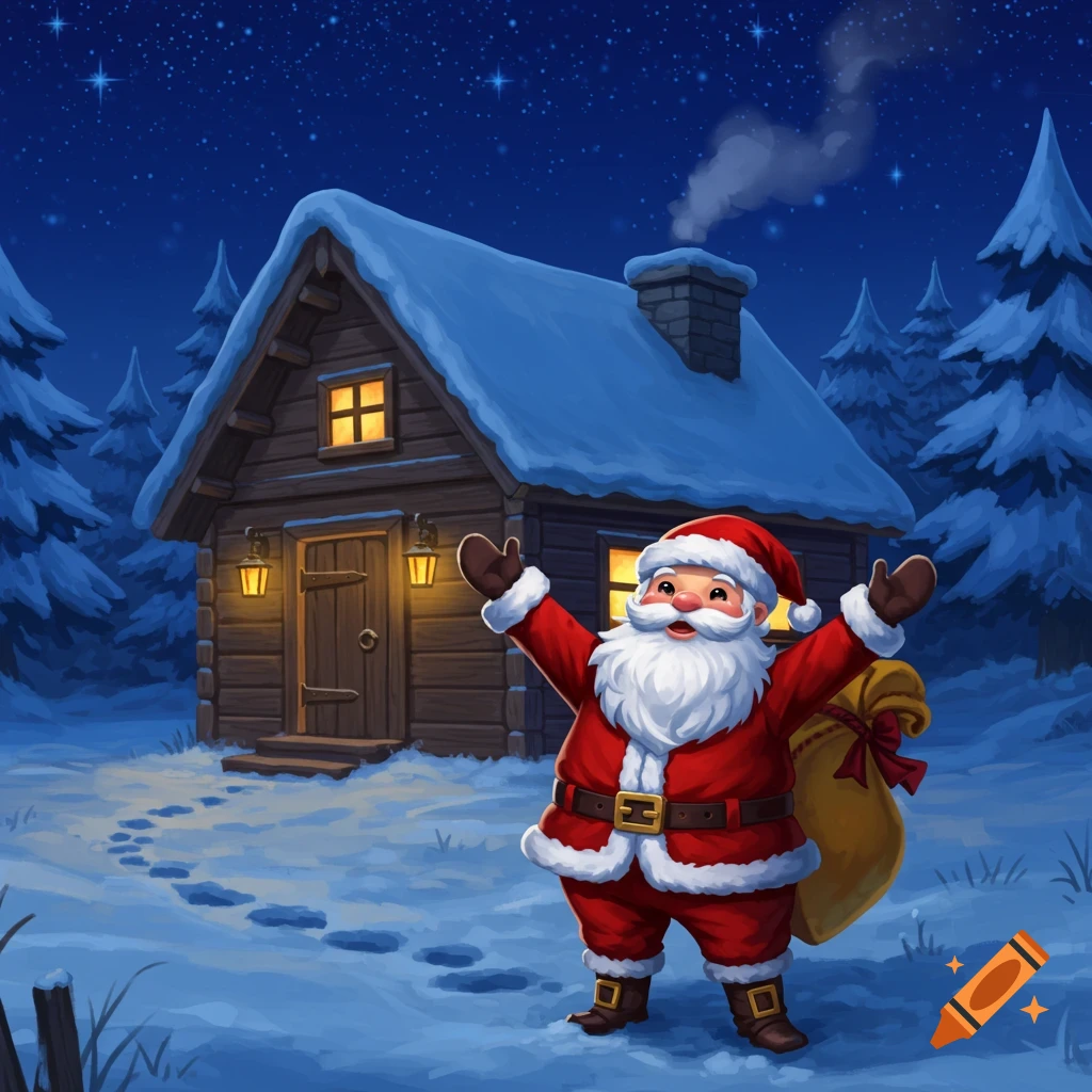A cheerful Santa Claus with a sack of gifts stands in front of a cozy, snow-covered log cabin in a star-lit winter forest.