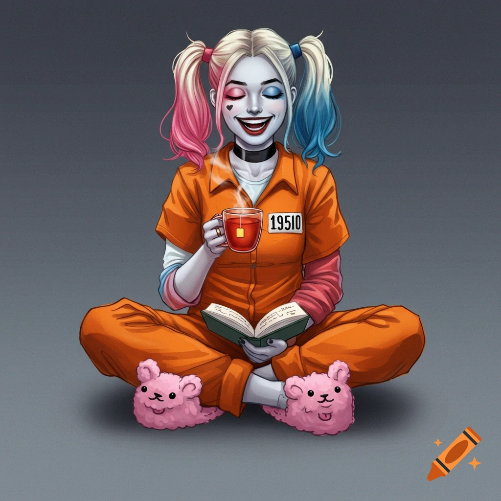 Cartoon Harley Quinn in an orange jumpsuit and pink slippers, smiling while drinking tea and reading a book.