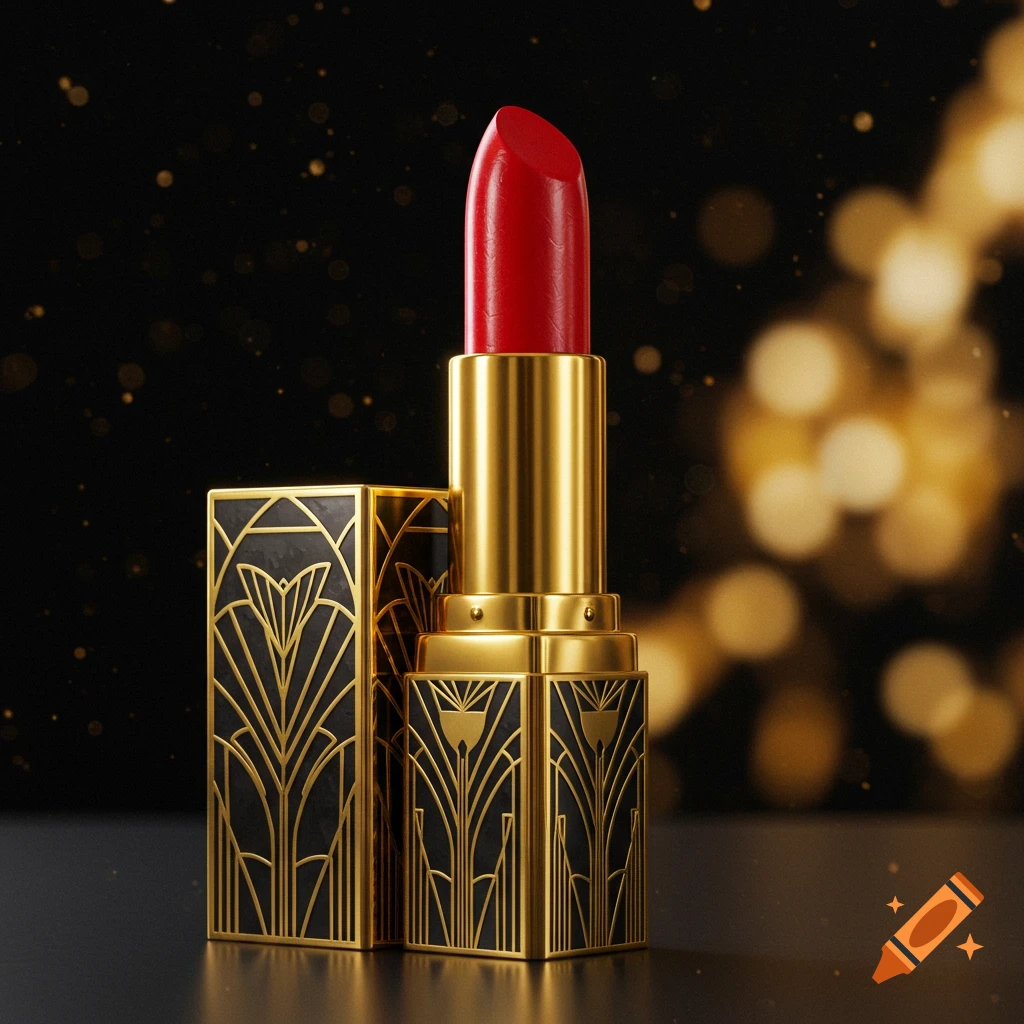 A red lipstick in an ornate gold and black Art Deco style tube stands on a dark surface with sparkling bokeh lights in the background.