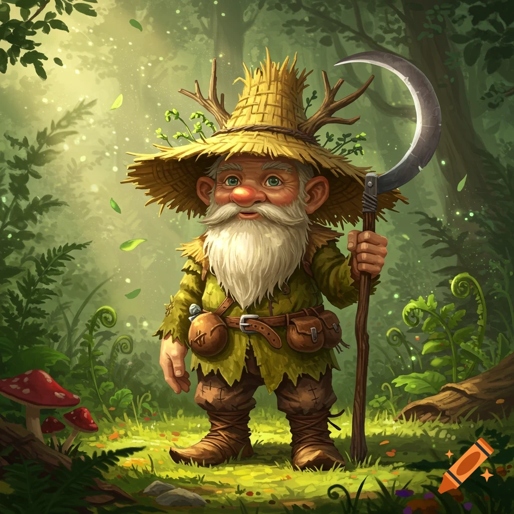 A friendly gnome druid with a long white beard, wearing a straw hat adorned with antlers and leaves, holds a sickle in a magical forest.