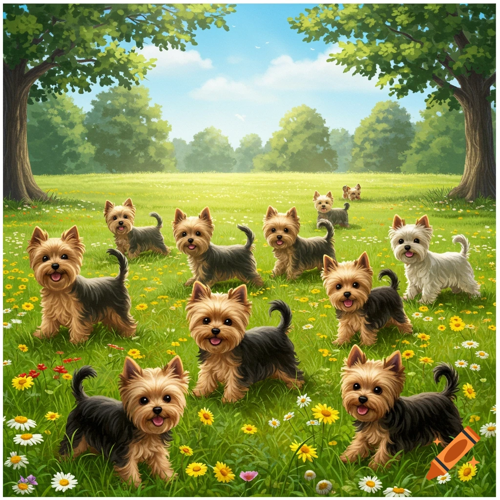 Cartoon illustration of several Yorkshire Terriers happily standing in a sunny, green field filled with flowers and trees.