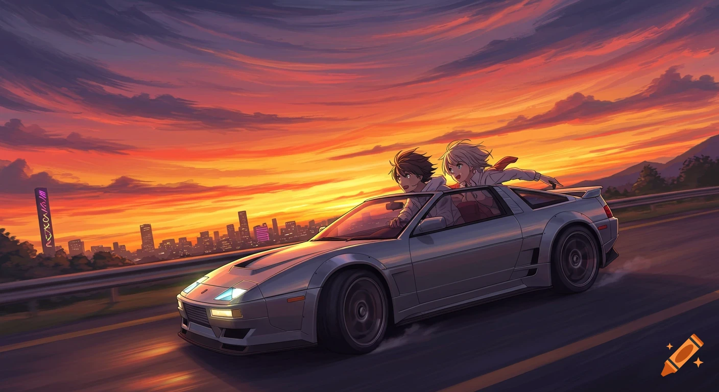 Anime illustration of a boy and girl in a silver sports car speeding down a highway at a vibrant sunset, with a city skyline in the background.