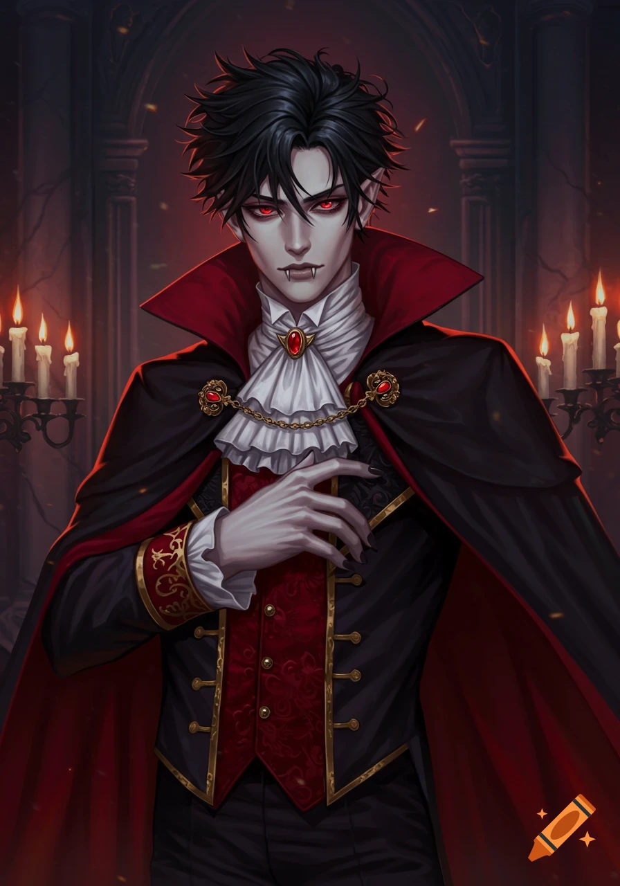A stylized male vampire with black hair, red eyes, pale skin, and pointy ears wears a black and red cape and suit in a candlelit room.